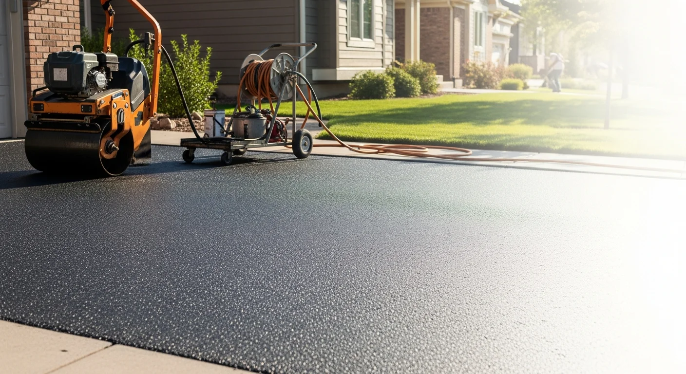 Asphalt paving equipment laying fresh asphalt surface