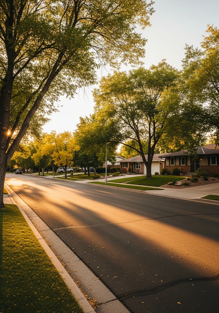 Aurora street view showing a mix of home styles and mature landscaping.