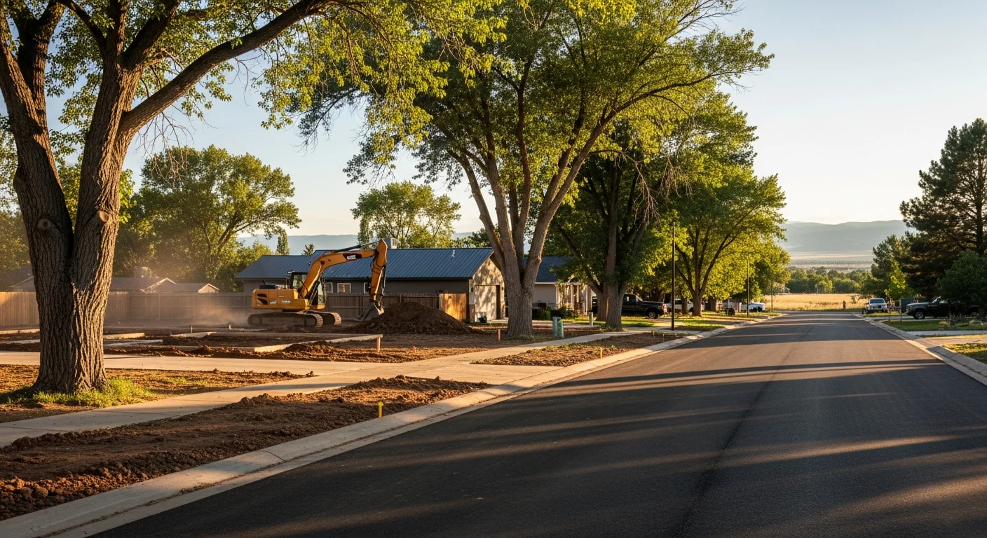 Residential street in Elizabeth, Colorado with newer homes and mature trees lining the road.