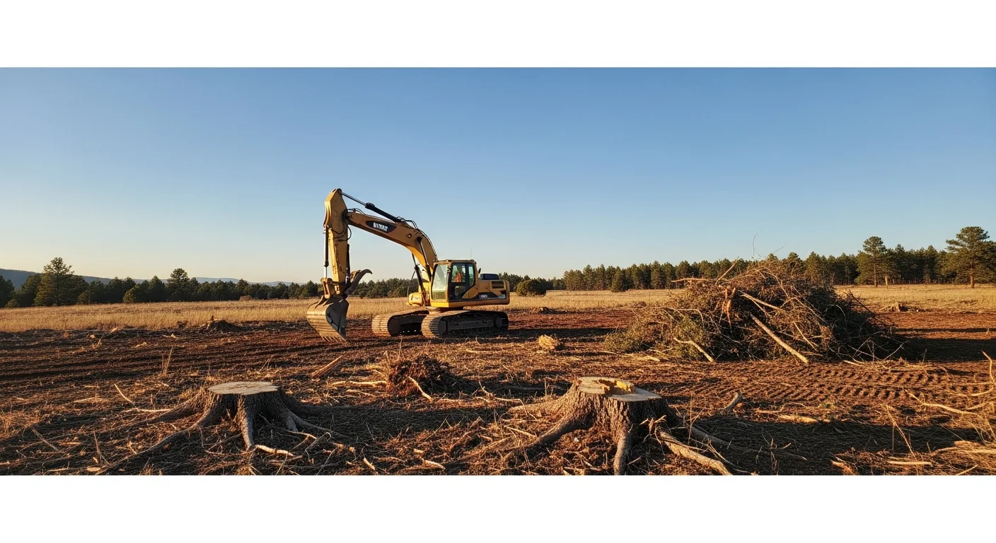 A multi-acre rural parcel in Elizabeth, Colorado after professional acreage clearing, showing open ground with stumps removed and gently rolling terrain ready for construction. Scrub oak and brush have been cleared to the property boundary, with the Front Range visible in the background.