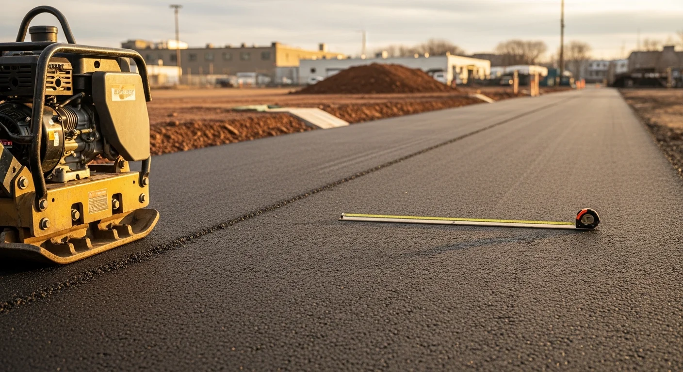 Freshly paved asphalt driveway at a residential property in Elizabeth, NJ, with clean straight edges and a smooth compacted surface. A Ridgeline Contracting crew finishing the surface with a roller in an urban neighborhood setting.