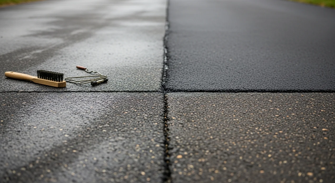 A freshly patched asphalt driveway in Elizabeth, NJ, showing smooth, dark repair sections blended into the existing pavement surface. A residential property sits in the background on a clear day.
