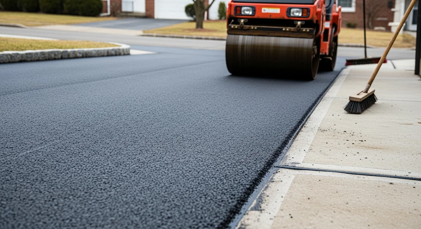 Freshly resurfaced asphalt driveway in a residential neighborhood in Elizabeth, NJ, showing a smooth, dark surface with clean edges. A compact single-family home sits in the background on a tree-lined street.