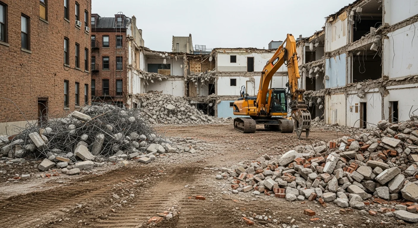 A cleared residential lot in Elizabeth, NJ after full building demolition, with debris removed and the site leveled. A Ridgeline Contracting excavator is visible at the edge of the property with adjacent structures undamaged.