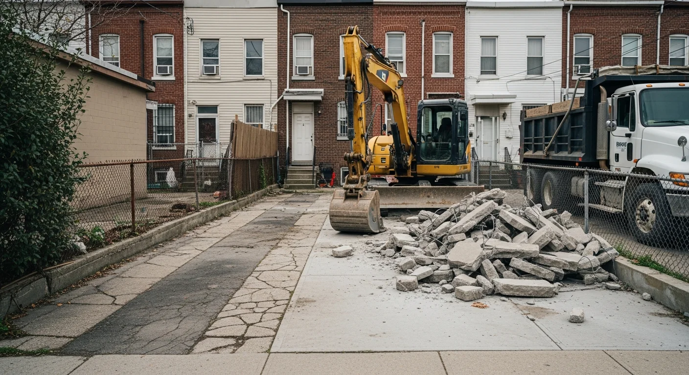A concrete slab being broken apart and removed from a residential property in Elizabeth, NJ. Debris is staged for hauling with a compact excavator working in a tight side-yard access area.