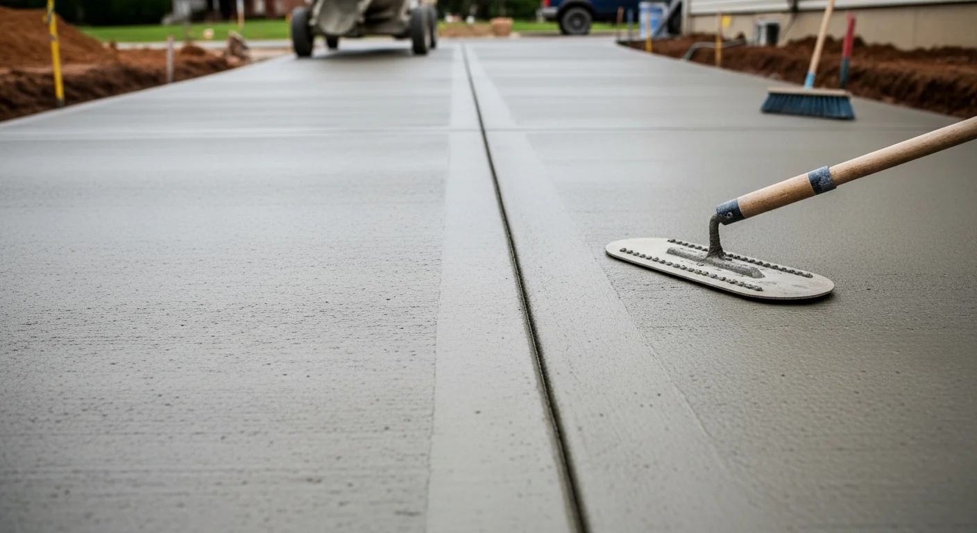 A freshly broom-finished concrete driveway at a residential property in Elizabeth, NJ, with clean edges and a uniform gray surface. The slab runs from the street to a single-car garage with no visible cracking or surface defects.