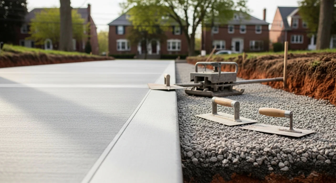Freshly poured concrete driveway in front of a residential property in Elizabeth, NJ, with clean edges and a smooth brushed finish. The surface slopes away from the home for drainage, with a compacted base visible at the excavated edge.