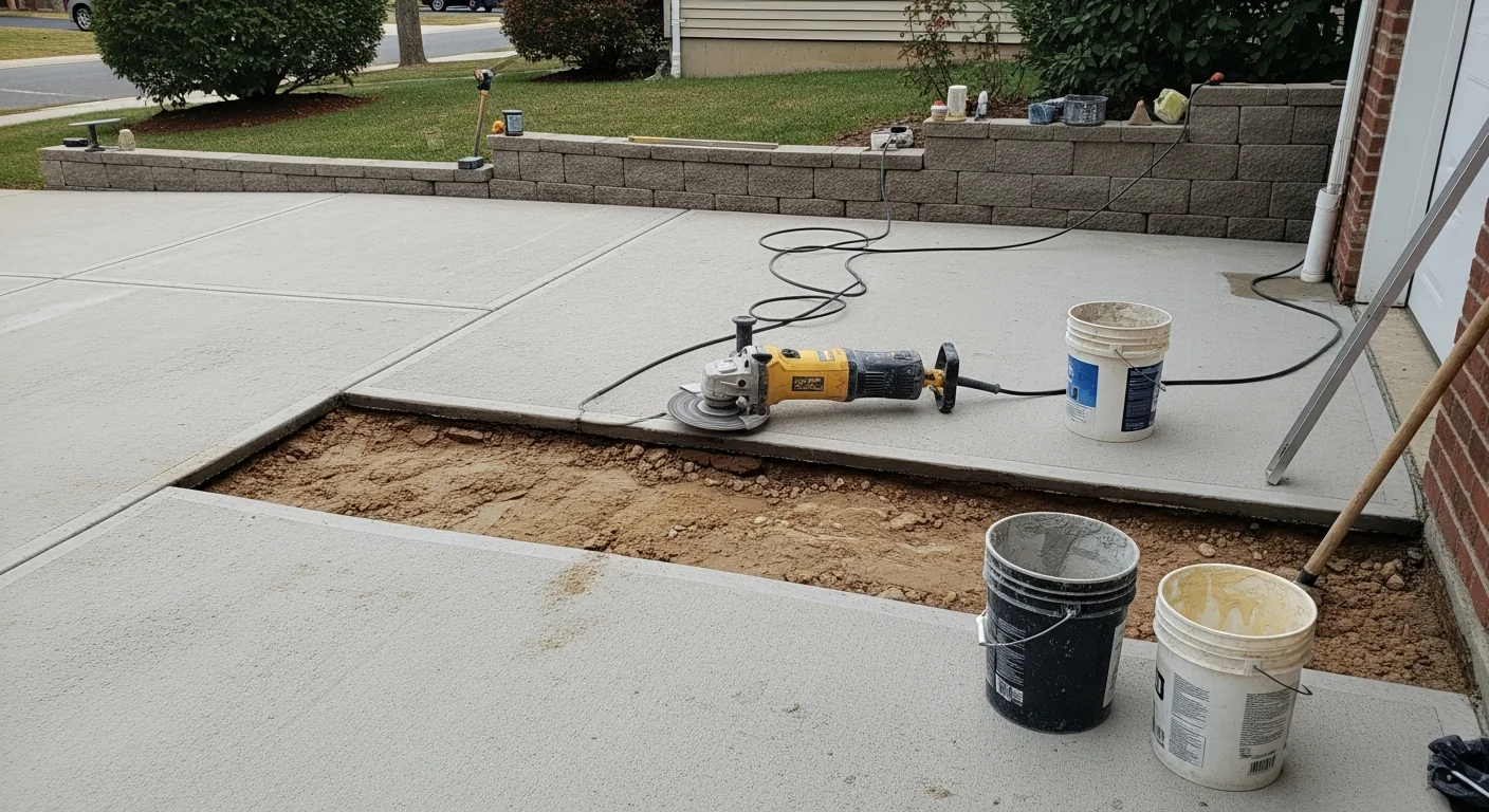 A repaired concrete driveway in Elizabeth, NJ showing a smooth, crack-free surface with clean edges along a residential property. The finished slab sits flush and level with the surrounding curb and walkway.