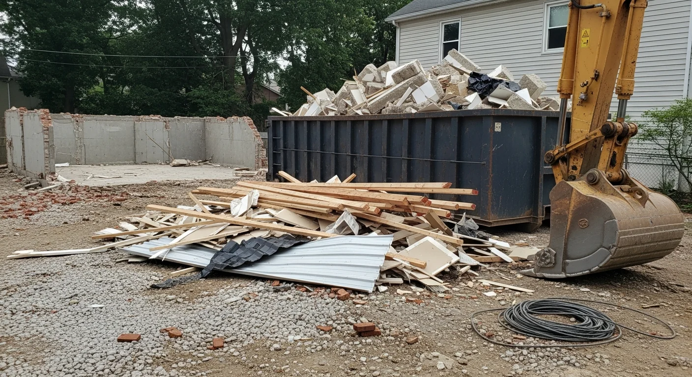 A cleared demolition site in Elizabeth, NJ with a Ridgeline Contracting crew loading concrete rubble and mixed construction debris into a haul truck. The surrounding area shows a multi-family residential building mid-renovation with an empty, debris-free ground floor.