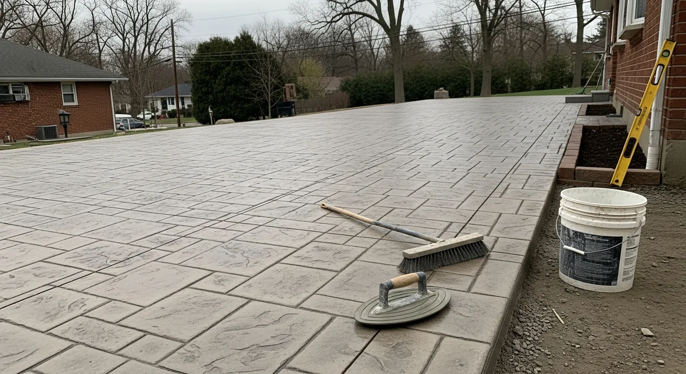 A freshly installed stamped concrete patio with a stone-pattern finish at a residential property in Elizabeth, NJ. The surface shows clean edges, uniform color, and a textured finish suitable for outdoor seating and foot traffic.