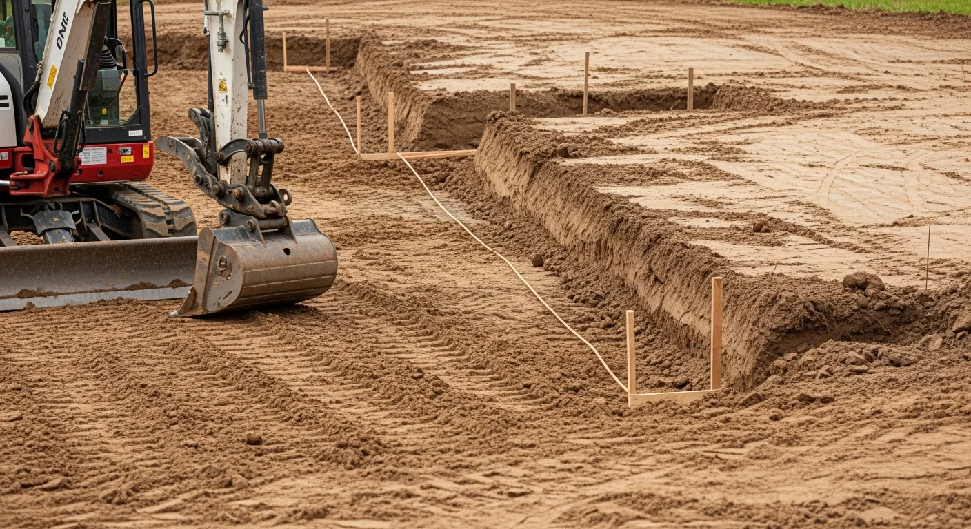A graded residential lot in Elizabeth, NJ with smoothly shaped soil sloping away from the home's foundation toward the rear yard. A Ridgeline Contracting excavator is visible in the background completing finish grading work.