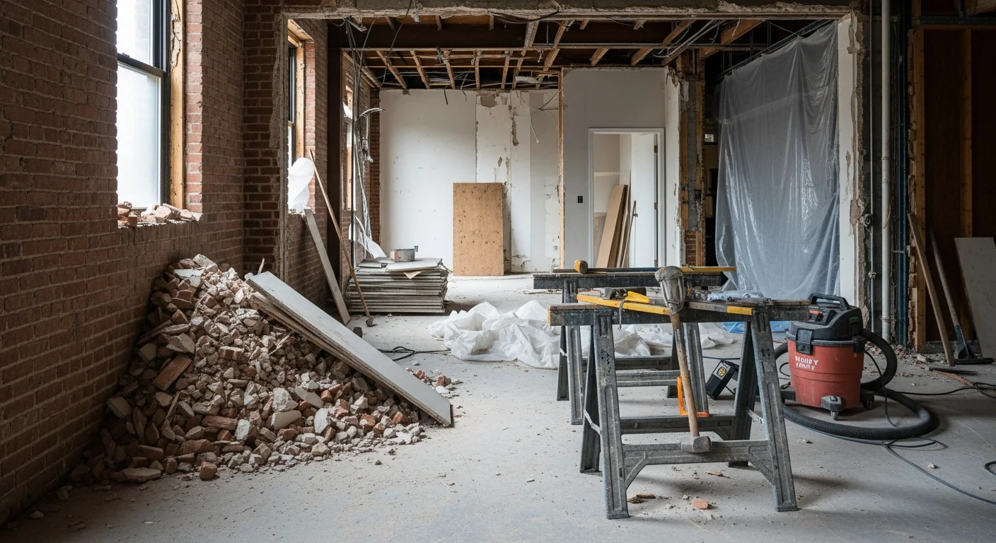 Interior of an Elizabeth, NJ building mid-demolition with walls stripped to the studs, flooring removed, and debris staged for hauling. A cleared residential room showing exposed framing after interior demolition by a local contractor.