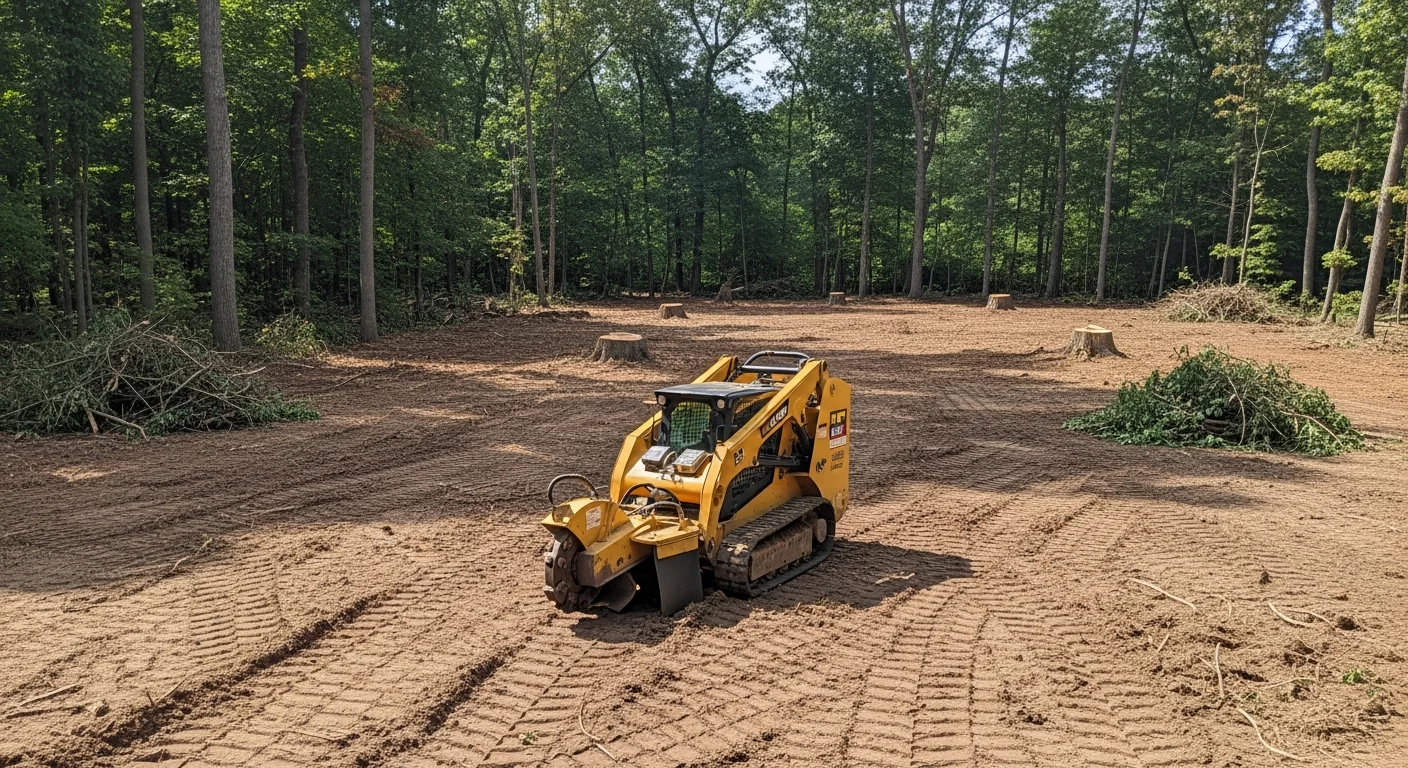 A cleared and rough-graded vacant lot in Elizabeth, NJ with stumps and brush removed, showing exposed level soil ready for construction. Heavy excavation equipment is visible at the edge of the site.