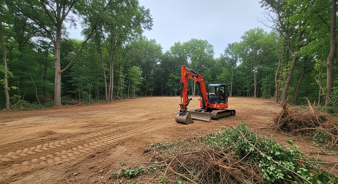 A cleared residential lot in Elizabeth, NJ with stumps removed and ground graded to a level surface. An excavator is visible at the edge of the cleared area with brush and debris staged for removal.