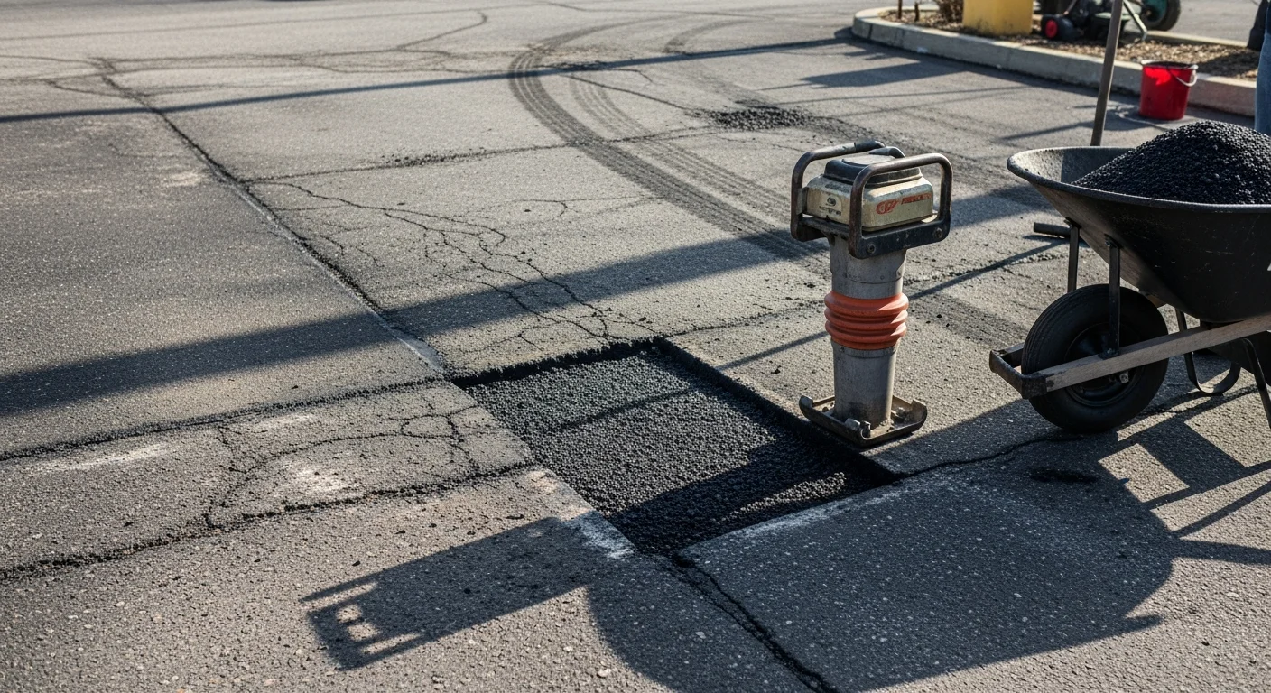 A freshly patched asphalt pothole in an Elizabeth, NJ commercial parking lot, with smooth compacted asphalt flush to the surrounding pavement surface. The repaired area shows clean edges and an even finish against the existing blacktop.