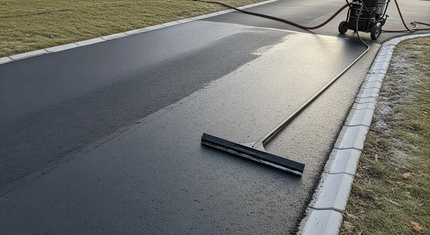 A freshly seal coated asphalt driveway in Elizabeth, NJ showing a smooth, dark black surface with clean edges along a residential property. The sealed pavement contrasts with the weathered gray asphalt visible at the property boundary.