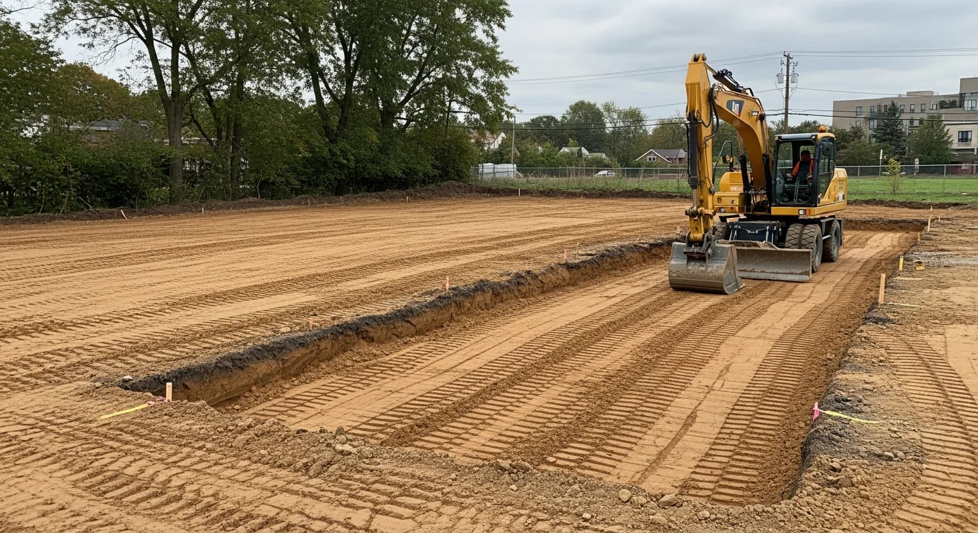A Ridgeline Contracting excavator grading a cleared residential lot in Elizabeth, NJ, with leveled soil and defined drainage slope visible across the prepared building area.