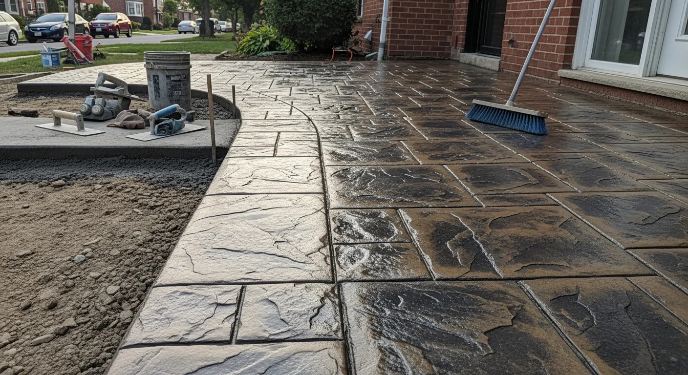 A freshly installed stamped concrete patio with a slate-pattern finish behind a residential home in Elizabeth, NJ. The surface shows defined texture and a charcoal color tone with a sealed finish.