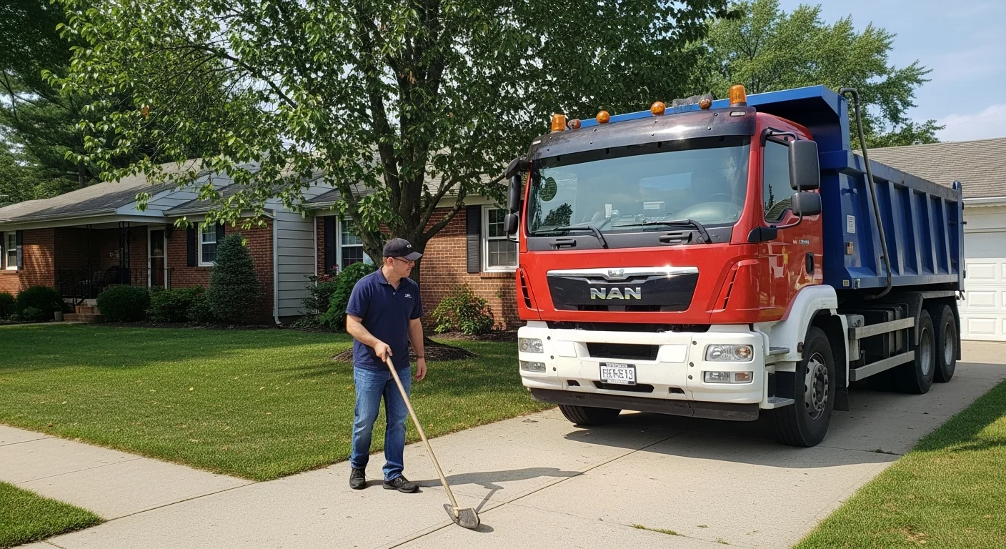 A cleared residential property in Elizabeth, NJ after storm debris removal, showing a clean driveway and yard with no fallen branches or scattered waste. A Ridgeline Contracting crew works near a two-family home, loading storm debris into a truck.